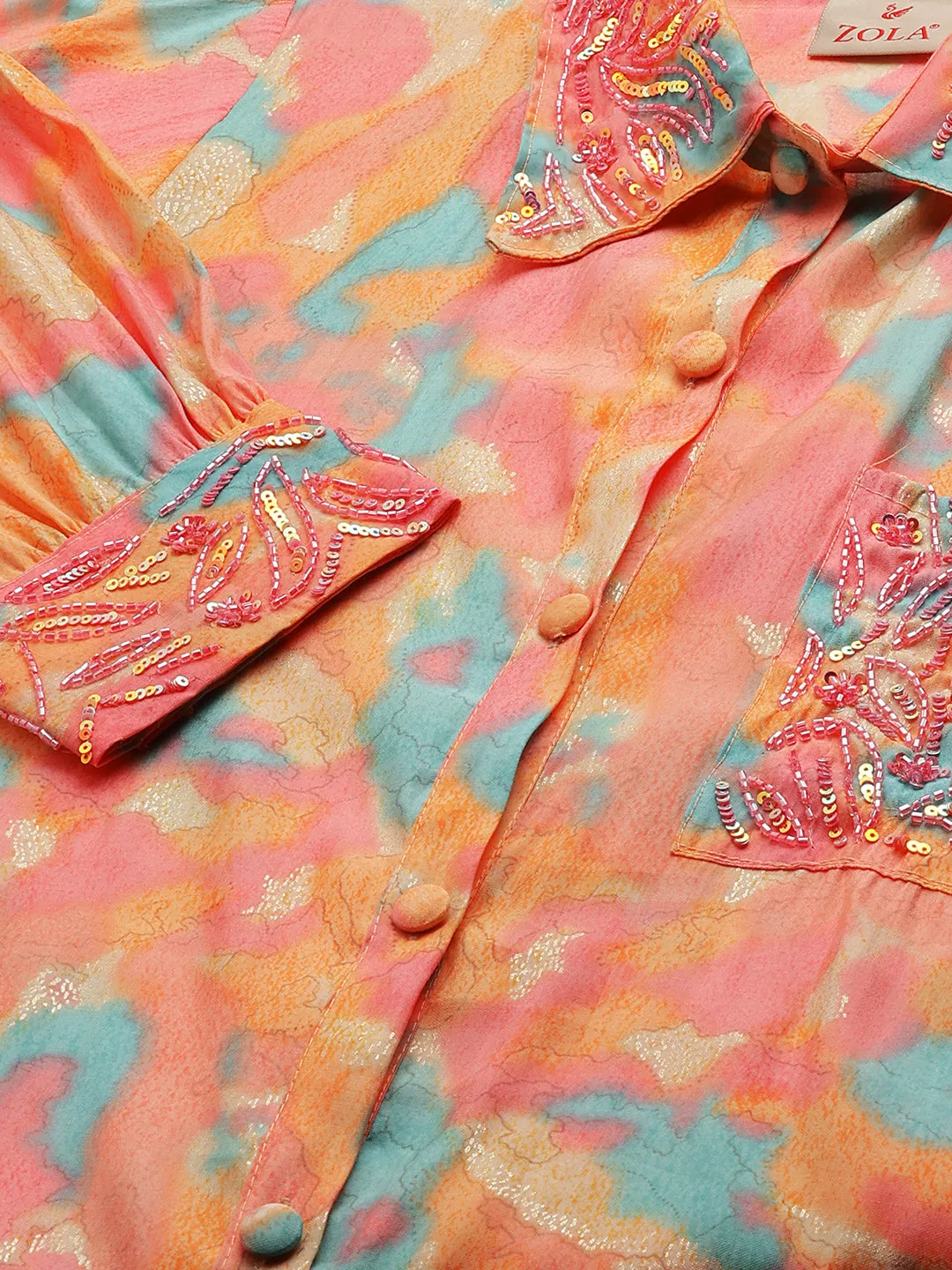 ZOLA Collar Neck Modal All Over Colourfull Abstract Print Pink Straight Co-Ord Set For Women