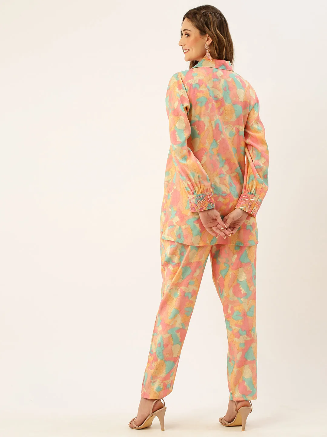 ZOLA Collar Neck Modal All Over Colourfull Abstract Print Pink Straight Co-Ord Set For Women