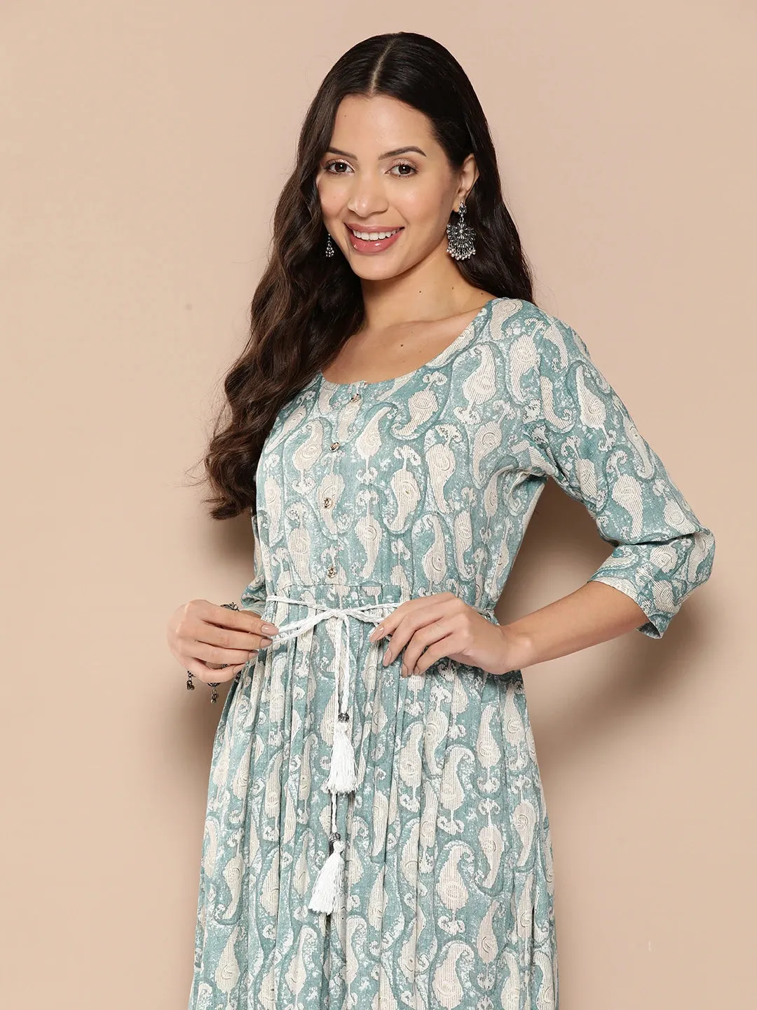 ZOLA Exclusive Round Neck Rayon All Over Paisley Print Blue Fit & Flare Ethnic Dress For Women
