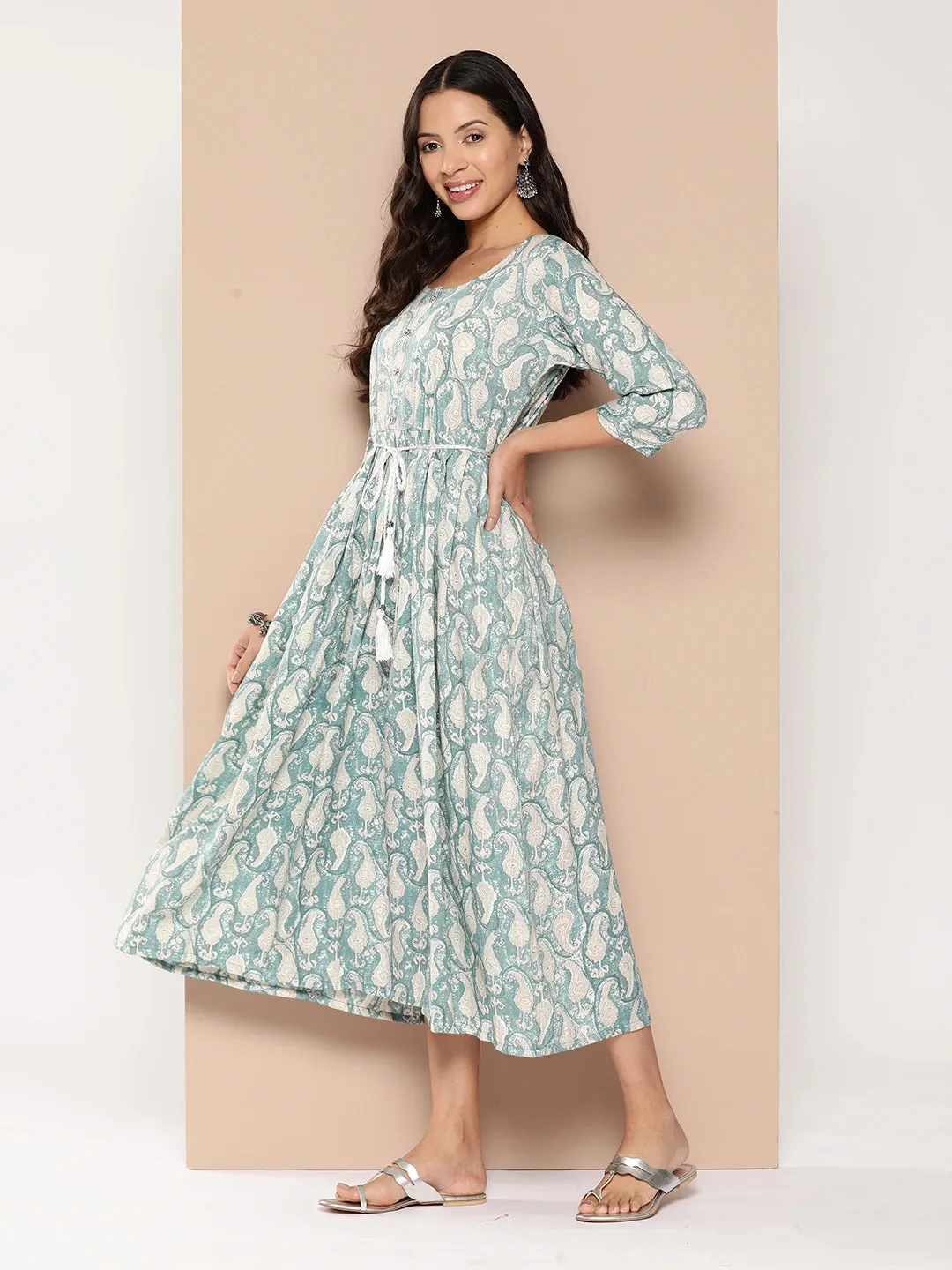 ZOLA Exclusive Round Neck Rayon All Over Paisley Print Blue Fit & Flare Ethnic Dress For Women