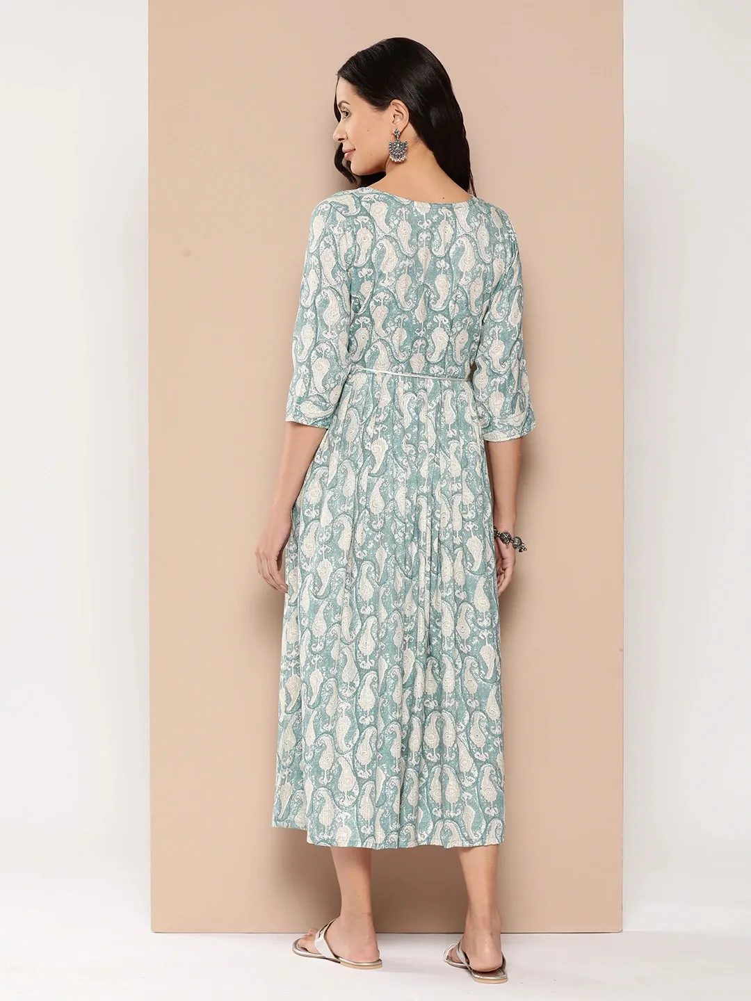 ZOLA Exclusive Round Neck Rayon All Over Paisley Print Blue Fit & Flare Ethnic Dress For Women