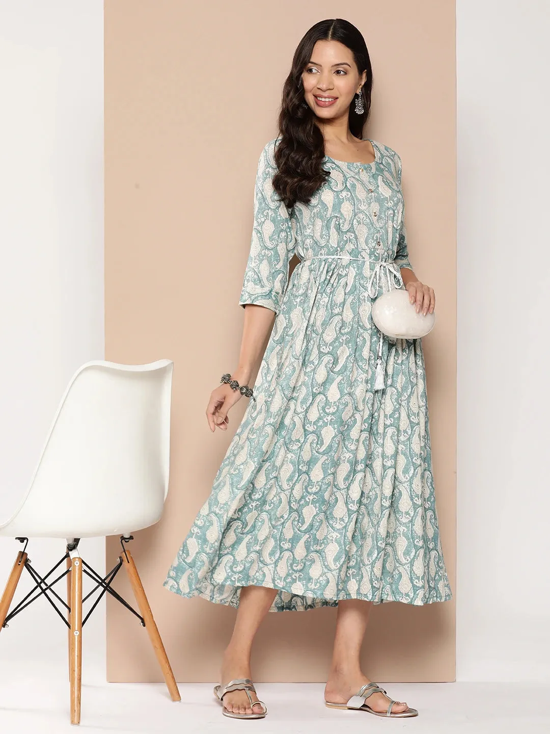 ZOLA Exclusive Round Neck Rayon All Over Paisley Print Blue Fit & Flare Ethnic Dress For Women