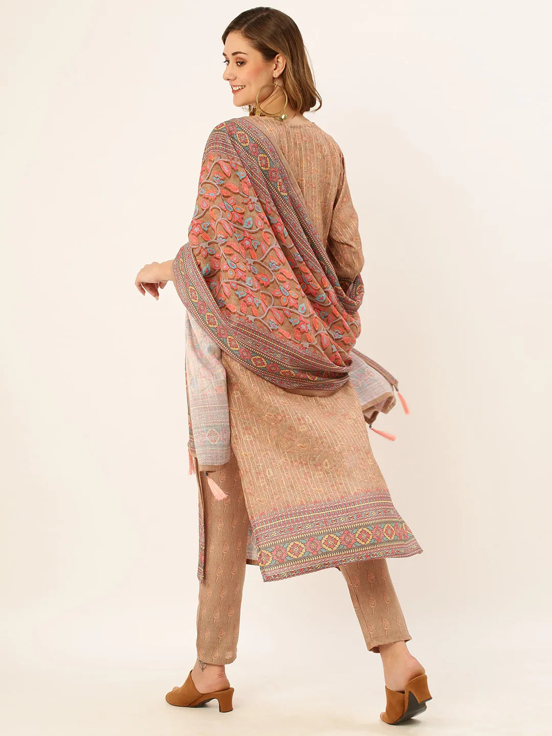 ZOLA Round Neck Rayon All Over Kalamkari Print Beige Straight Kurta Set with Dupatta For Women