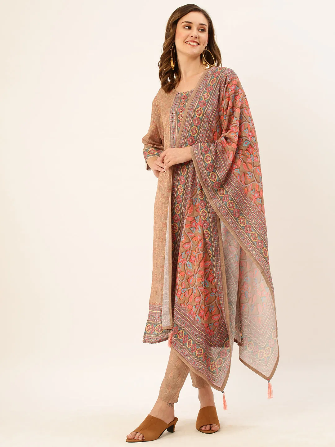 ZOLA Round Neck Rayon All Over Kalamkari Print Beige Straight Kurta Set with Dupatta For Women