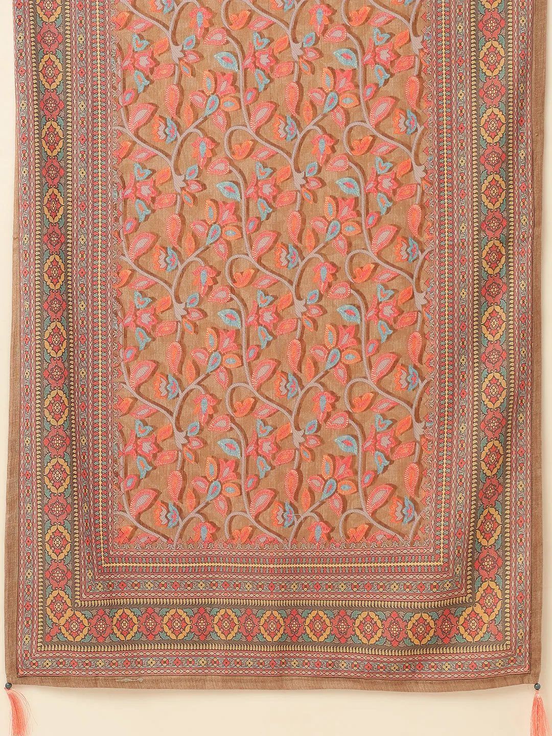 ZOLA Round Neck Rayon All Over Kalamkari Print Beige Straight Kurta Set with Dupatta For Women