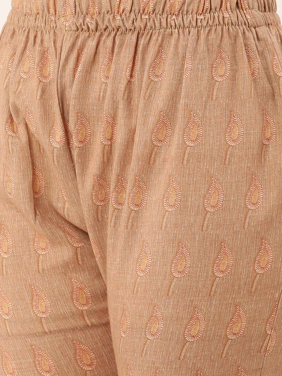ZOLA Round Neck Rayon All Over Kalamkari Print Beige Straight Kurta Set with Dupatta For Women