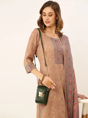 ZOLA Round Neck Rayon All Over Kalamkari Print Beige Straight Kurta Set with Dupatta For Women