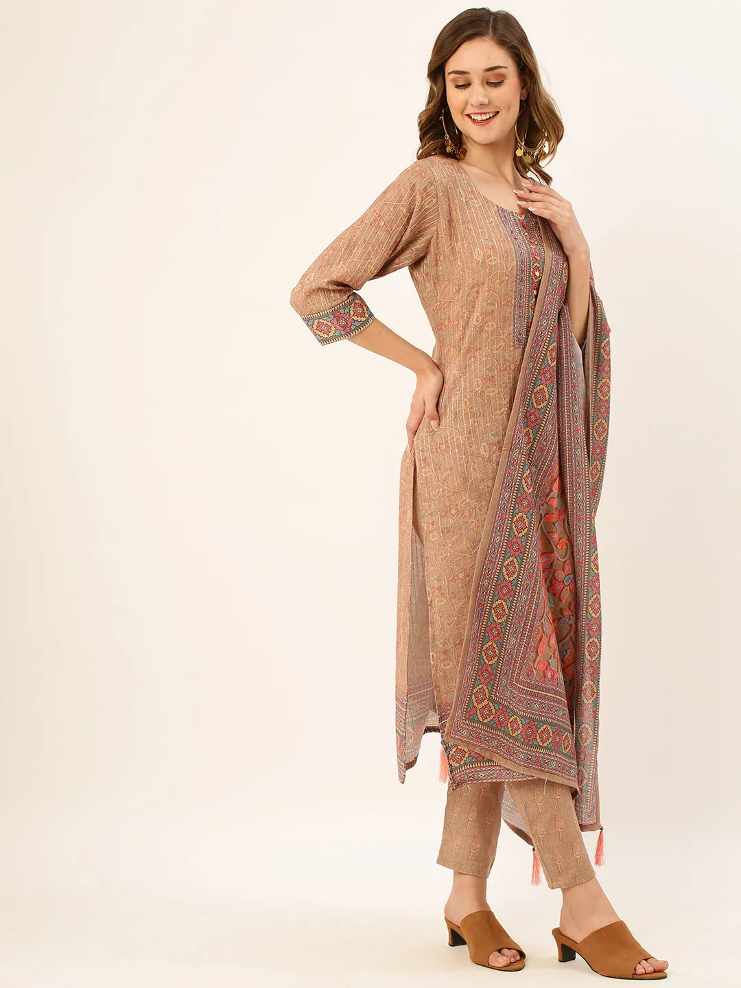 ZOLA Round Neck Rayon All Over Kalamkari Print Beige Straight Kurta Set with Dupatta For Women