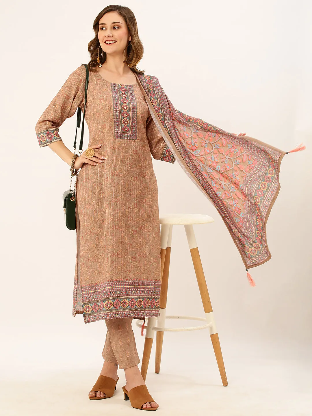 ZOLA Round Neck Rayon All Over Kalamkari Print Beige Straight Kurta Set with Dupatta For Women