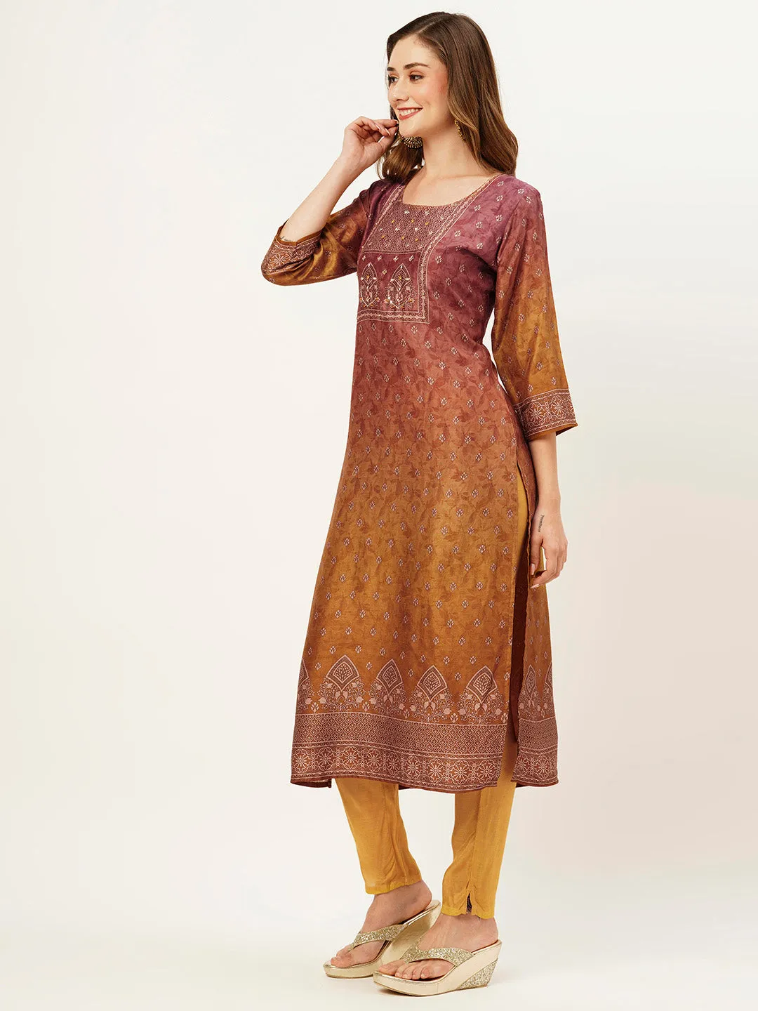 ZOLA Round Neck Silk All Over Butti Print Rust Straight Kurta Set With Dupatta For Women