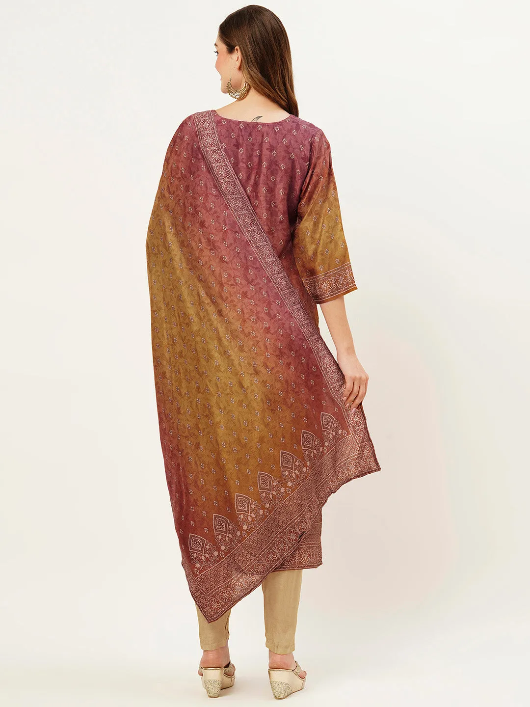ZOLA Round Neck Silk All Over Butti Print Rust Straight Kurta Set With Dupatta For Women