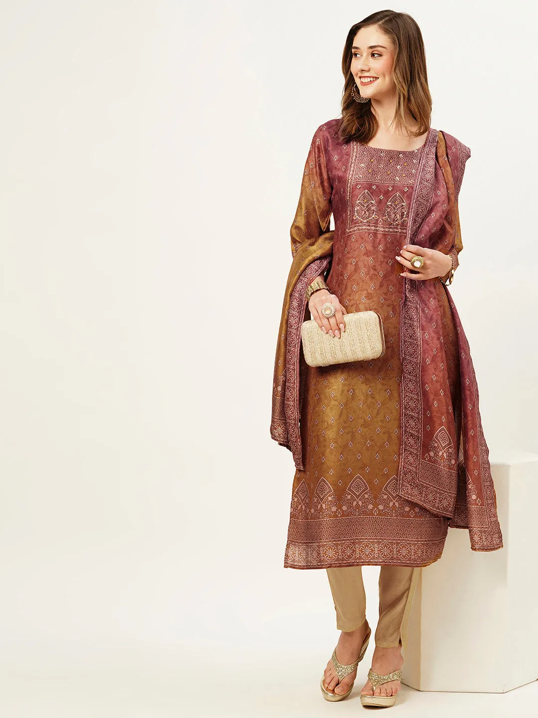 ZOLA Round Neck Silk All Over Butti Print Rust Straight Kurta Set With Dupatta For Women