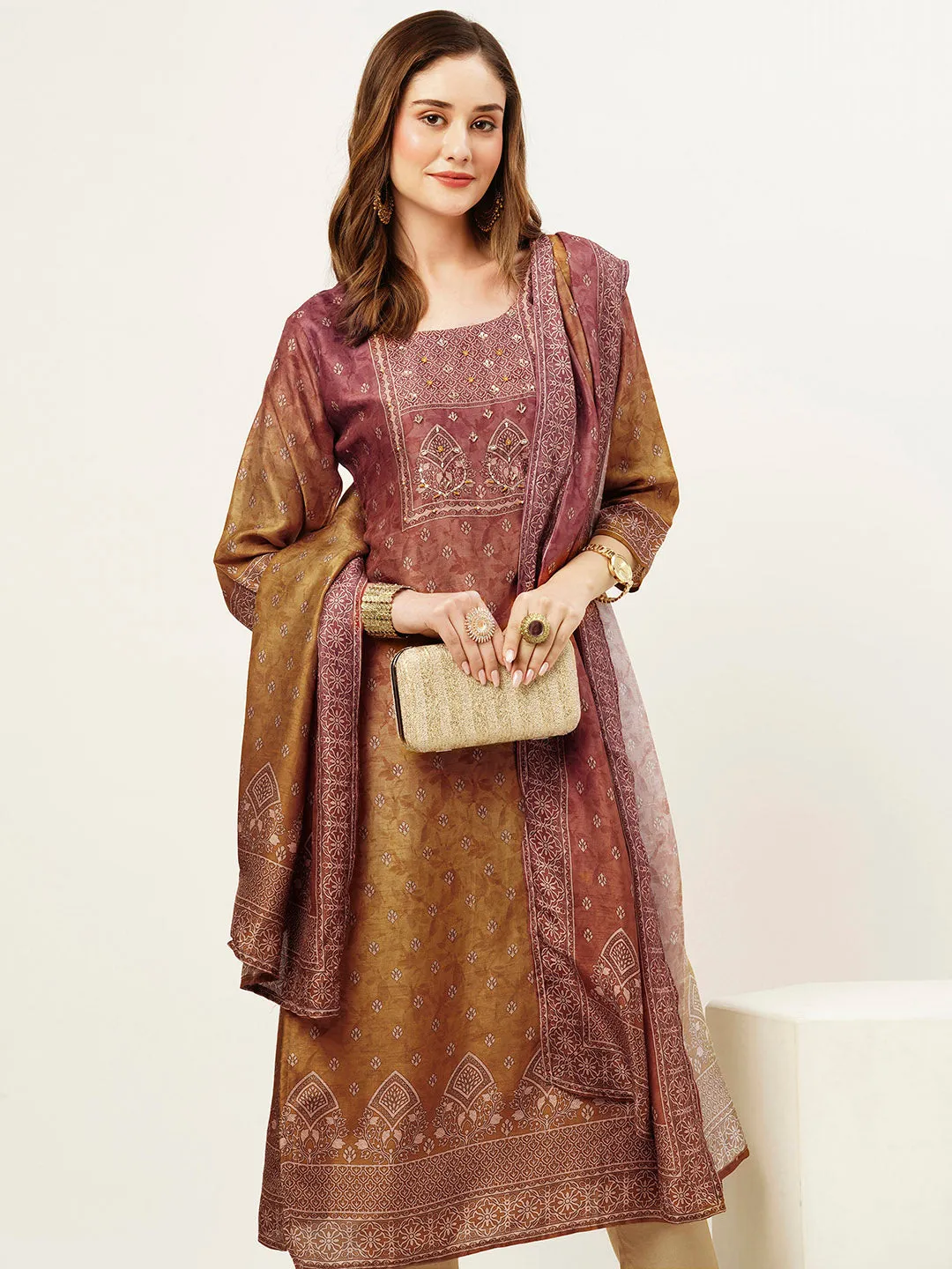 ZOLA Round Neck Silk All Over Butti Print Rust Straight Kurta Set With Dupatta For Women