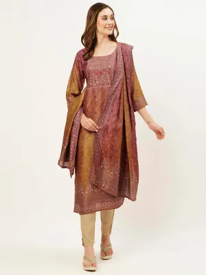 ZOLA Round Neck Silk All Over Butti Print Rust Straight Kurta Set With Dupatta For Women