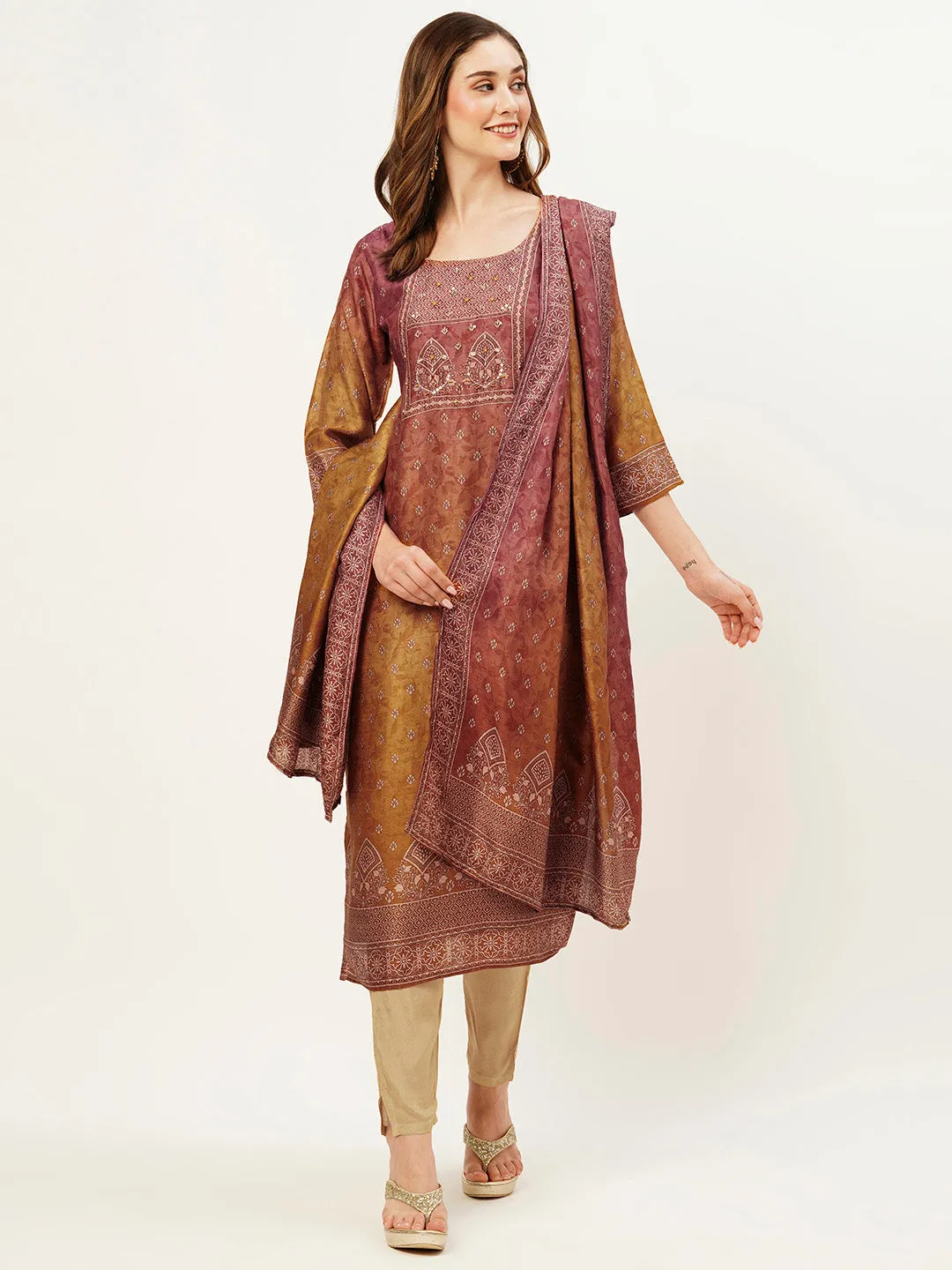 ZOLA Round Neck Silk All Over Butti Print Rust Straight Kurta Set With Dupatta For Women